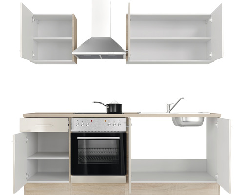 Küchenzeile mit Spüle, Herd, Backofen, Dunstabzugshaube und offenen Schränken