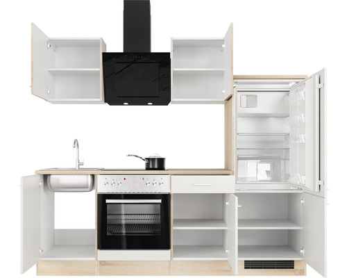 Komplette Küchenzeile mit Spüle, Kochfeld, Backofen, Dunstabzugshaube, Kühlschrank und Schränken