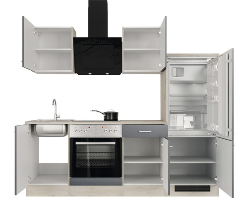 Cuisine équipée avec évier, cuisinière, réfrigérateur et hotte aspirante