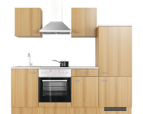 Küchenzeile mit Hängeschränken, Dunstabzugshaube, Spüle, Herd und Kühlschrank