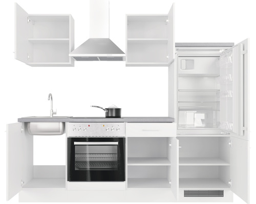 Cuisine complète avec évier, cuisinière, hotte aspirante et réfrigérateur avec portes ouvertes.