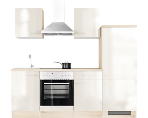 Küchenzeile mit Spüle, Herd, Dunstabzugshaube und Schränken