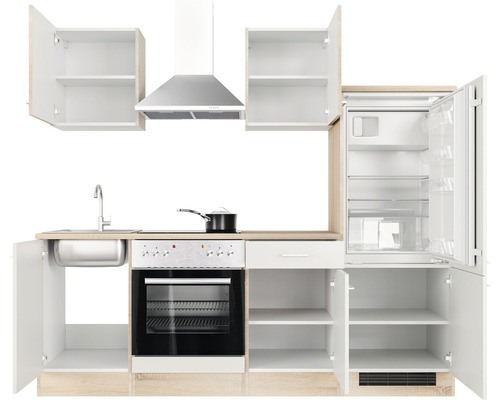 Komplette Küchenzeile mit Spüle, Kochfeld, Backofen, Kühlschrank und Dunstabzugshaube