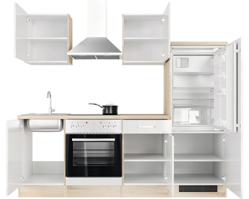 Küchenzeile mit Spüle, Kochfeld, Backofen, Dunstabzugshaube und Kühlschrank mit offenen Schranktüren