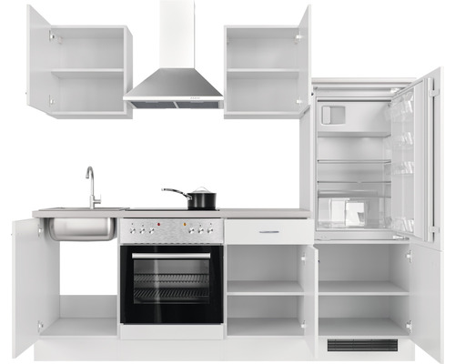 Cuisine compacte avec évier, cuisinière, four, hotte aspirante, réfrigérateur et éléments hauts