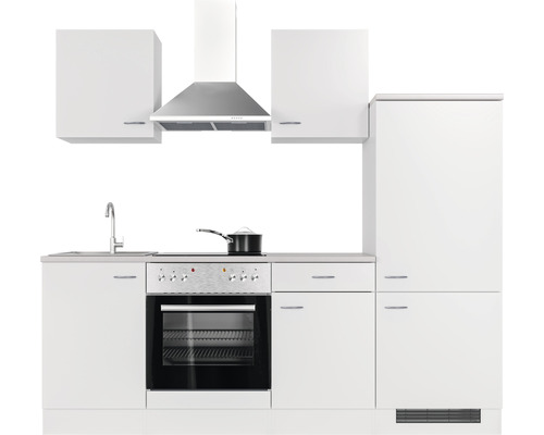 Cuisine blanche avec évier, cuisinière, hotte aspirante et armoires