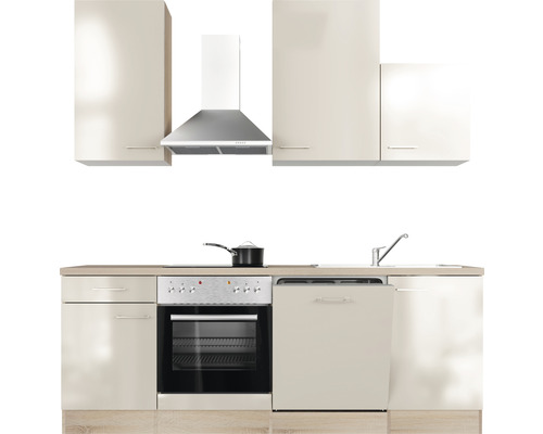 Einbauküche mit Hängeschränken, Dunstabzugshaube, Spüle, Herd und Geschirrspüler.