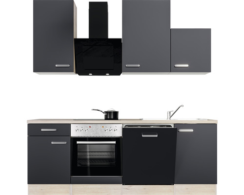 Komplette Küchenzeile mit Spüle, Herd, Backofen, Geschirrspüler, Dunstabzugshaube und Hängeschränken in dunkler Optik