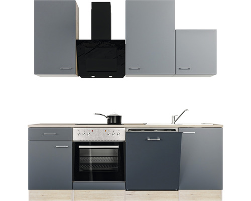 Cuisine équipée avec éléments hauts, hotte aspirante, évier, lave-vaisselle et cuisinière