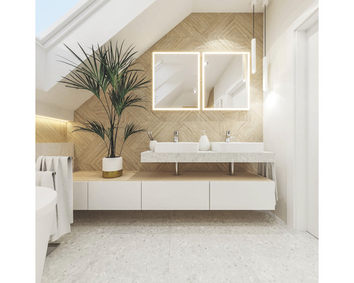 Salle de bains lumineuse avec double lavabo, miroirs éclairés et plante d''intérieur.