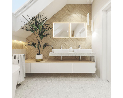 Salle de bains lumineuse avec double vasque, miroirs et plante d''intérieur