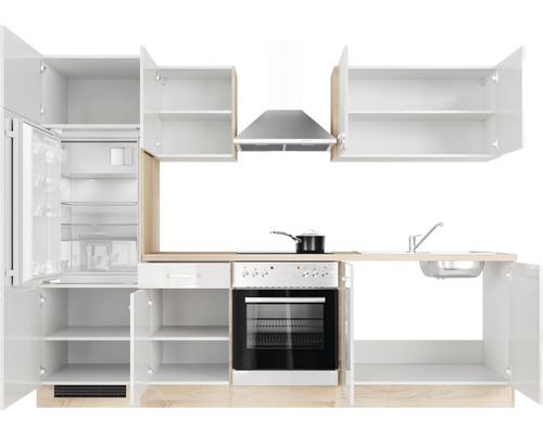 Cuisine équipée complète avec appareils, armoires et évier