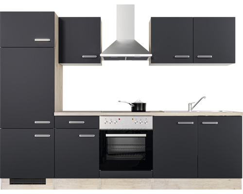 Komplette Küche mit Spüle, Herd, Dunstabzugshaube und Schränken