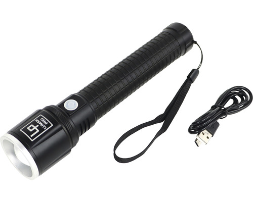 Schwarze Lumak Pro Taschenlampe mit Handschlaufe und Ladekabel
