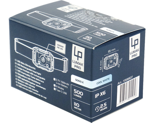 Verpackung einer Lumak Pro LED Akku Stirnleuchte
