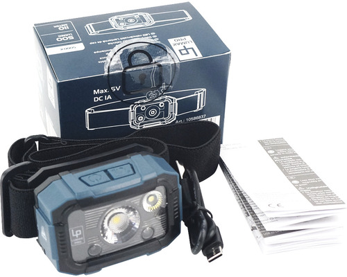 LED Stirnlampe mit Verpackung und Bedienungsanleitung