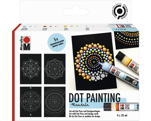 Kit peinture point à point Marabu Dot Pen Mandala 4x 25 ml Marabu Dot Painting Mandala Set avec Dot Pens et cartes de conception