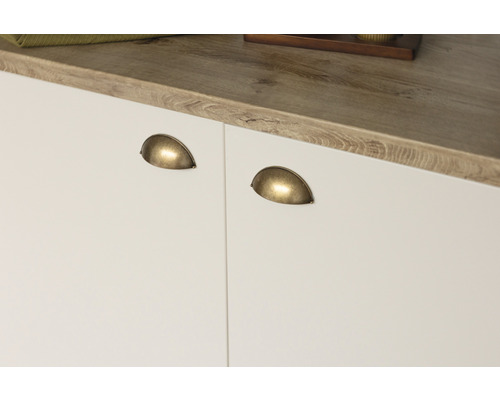 Vue détaillée des portes d''armoires avec poignées en forme de coquille