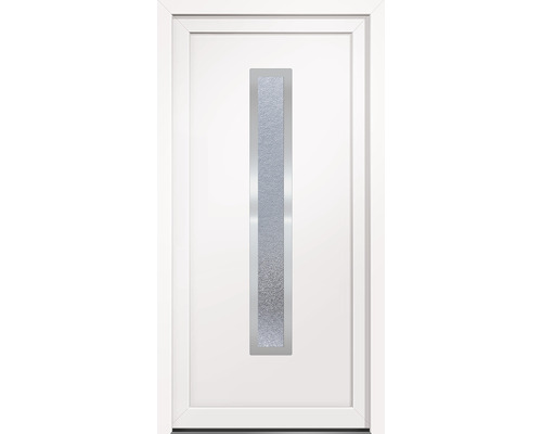Weisse Haustür mit rechteckigem Glaseinsatz
