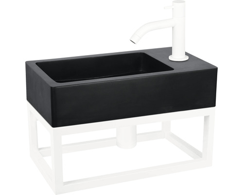 Set de lavabo HURA L 40x22 cm lavabo basalte avec support, robinet d'eau froide et siphon en blanc mat 38.006.08