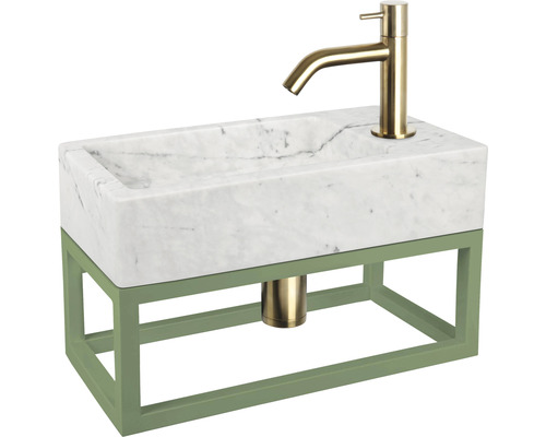 Set de vasque HURA L 40 x 22 cm vasque marbre blanc avec support en vert, robinet de lave-mains et siphon or mat 38.006.11
