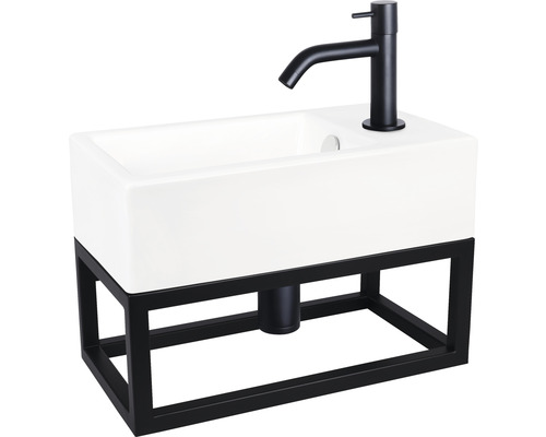 Set de lavabo HURA L 40x22 cm lavabo blanc avec support, robinet d'eau froide et siphon en noir mat 38.006.12