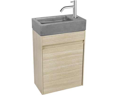 Set de lavabo Differnz HURA L 40x22 cm lavabo calcaire avec meuble bas en chêne, robinet d'eau froide et siphon chrome 38.006.15