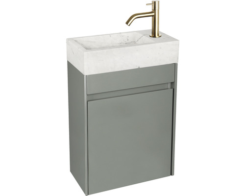 Set de lavabo Differnz HURA L 40 x 22 cm lavabo marbre blanc avec meuble bas en vert, robinet de lave-mains et siphon or mat 38.006.16