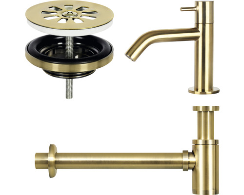 Robinet de lavabo, siphon et garniture de vidage en métal