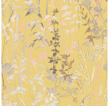 Papier peint jaune avec motif floral de plantes