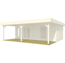 Illustration eines Holz Gartenhauses mit Flachdach und Terrasse