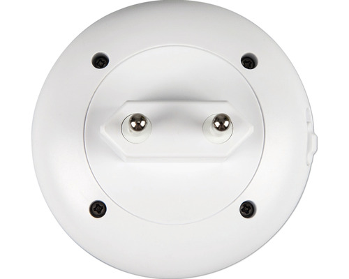 Rückansicht einer runden, weißen Steckdosenleuchte mit Stecker