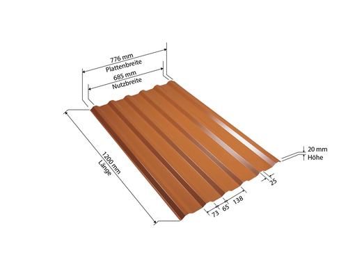 Profilblech mit Maßangaben zur Plattenbreite, Nutzbreite, Länge und Höhe