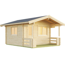 Holzgartenhaus mit Fenstern und überdachter Veranda