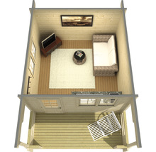 Innenansicht eines Holzhauses mit Wohnzimmer und Terrasse
