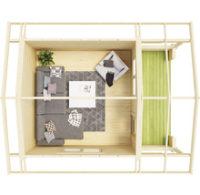 Dachaufsicht des Innenraums eines Gartenhauses mit Sofa, Teppich und Tisch