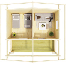 Illustration eines Holzhauses mit Schlafzimmer und Wohnbereich, Ansicht von oben