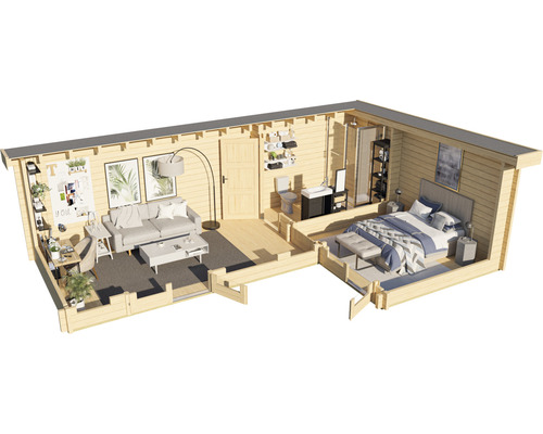 Innenansicht eines Wohnhauses aus Holz mit Wohnzimmer, Bad und Schlafzimmer