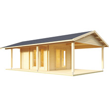 Blockbohlenhaus mit überdachter Veranda aus Holz