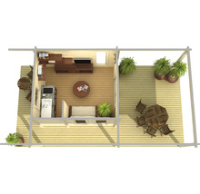 Draufsicht eines Gartenhauses mit Möbeln und Terrasse