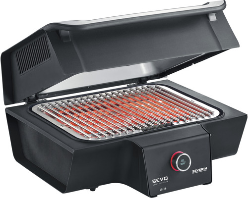 Gril de table électrique avec grille et couvercle ouvert.