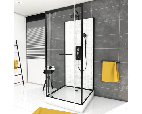 Salle de bains avec cabine de douche à cadre noir, pomme de tête et douchette
