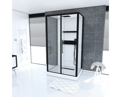 Douche avec cadre noir dans une salle de bains claire.