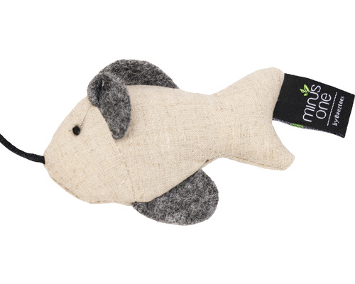 Katzenspielzeug Fisch aus Stoff mit Minus One Logo