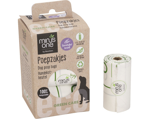 Sacs à déjection beeztees Minus one 6 x 15 pces parfum lavande Minus One Sacs à excréments pour chiens parfumés à la lavande dans un distributeur