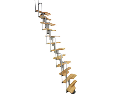 Escalier à limon central escalier de meunier Pertura Eos argent 63 cm garde-corps à barres verticales hêtre bois lamellé-collé vernis 11 marches 12 pas de marche