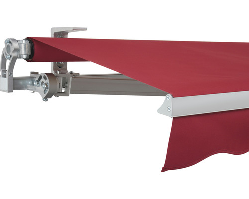 SOLUNA Gelenkarmmarkise Concept 4x2 Stoff Dessin 3914 Gestell Silber E6EV1 eloxiert Antrieb links inkl. Motor und Wandschalter Markise mit rotem Stoff und silberfarbenem Gestell.