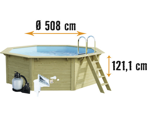 Kit de piscine hors sol en bois Karibu Nixe 2 octogonale Ø 508x121,1 cm avec groupe de filtration à sable, échelle suspendue et skimmer à ouverture large avec buse de retour