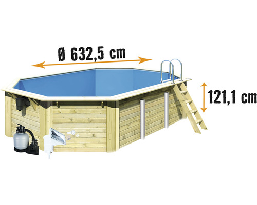 Kit de piscine hors sol en bois Karibu Nixe 4 octogonale Ø 632,5x121,1 cm avec groupe de filtration à sable, échelle suspendue et skimmer à ouverture large avec buse de retour