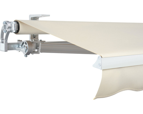SOLUNA Gelenkarmmarkise Concept 4x2 Stoff Dessin 6610 Gestell Silber E6EV1 eloxiert Antrieb links inkl. Motor und Wandschalter Detailansicht einer Gelenkarmmarkise mit Metallrahmen und Markisentuch